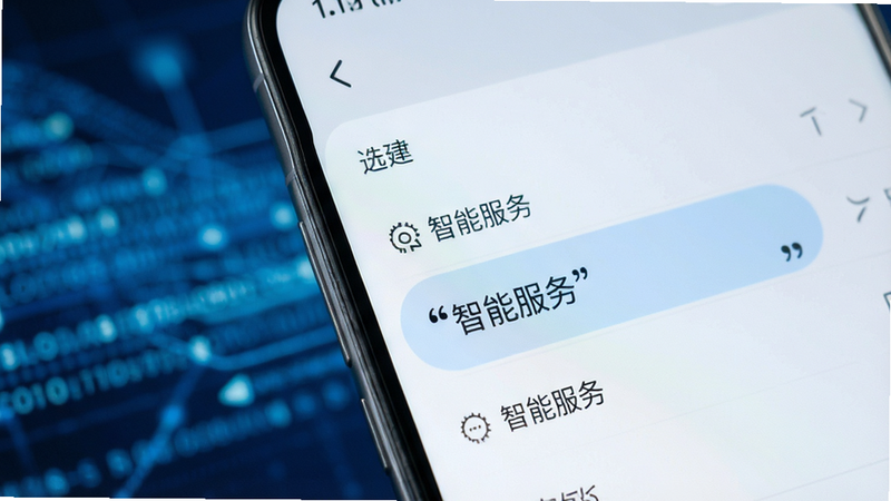 主体为小米手机正面特写,屏幕显示系统设置界面,高亮“智能服务”选项,背景虚化展示科技感蓝色数据流,排版简洁现代,风格为极简科技风,细节清晰,画质4k,干净,无多余元素,文字“智能服务”加引号
