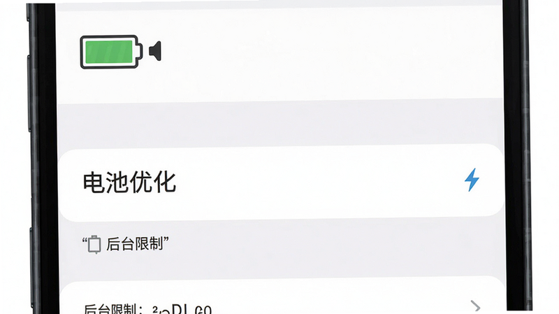 主体为手机设置界面截图,高亮显示“电池优化”选项,布局为移动端UI设计,排版清晰,风格为扁平化,细节包含电池电量图标,画质清晰,干净,无多余元素,文字“后台限制”加引号
