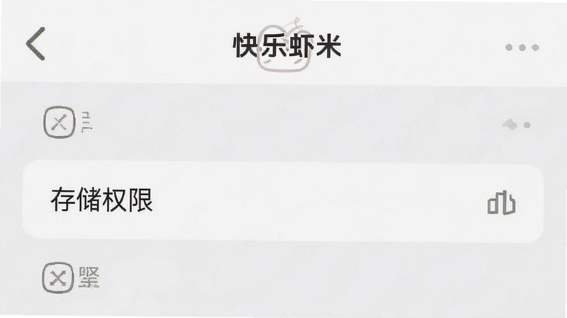 手机设置界面示意图,显示'快乐虾米'的权限设置页面,高亮显示'存储权限'选项,背景为白色,布局简洁,风格系统原生,细节清晰,画质清晰,干净无多余图标