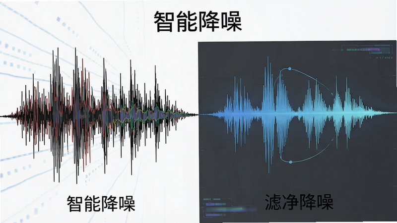 主体为声波对比图,布局左右两侧,左侧嘈杂声波,右侧纯净声波,排版对称,风格数据可视化,细节展现滤波效果,画质清晰,干净,无多余元素,文字“智能降噪”
