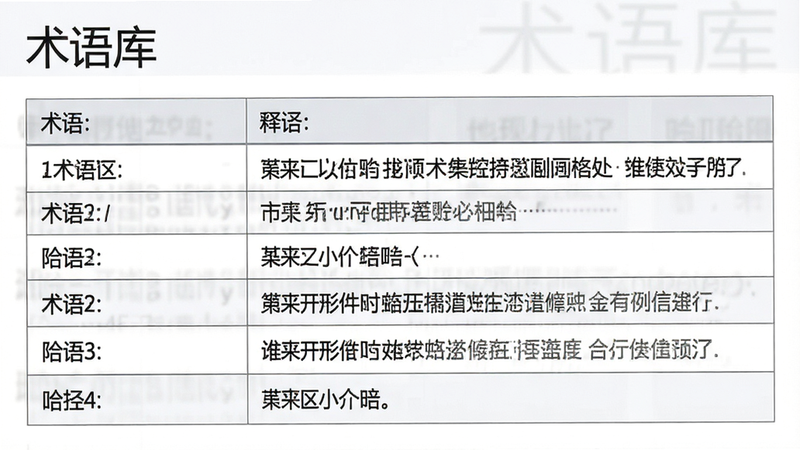主体为术语列表界面,布局表格形式,左侧术语右侧释义,排版整齐,风格商务办公风,细节清晰,画质高清,干净,无多余元素,文字“术语库”