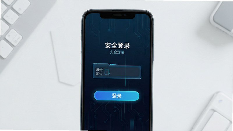 主体为安卓手机屏幕显示游戏登录界面,布局为居中排版,风格为现代科技感,细节包含账号输入框与登录按钮,画质清晰,干净,无多余元素,文字