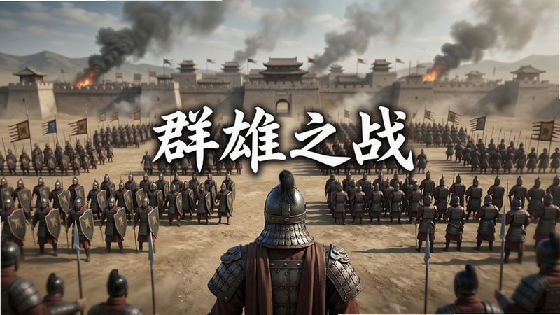 主体为古代宏大战场全景,布局采用透视构图,前景是身穿铠甲的将军背影,中景是整齐排列的方阵士兵,背景是硝烟弥漫的城池,风格为写实CG渲染,细节丰富,画质高清,干净无多余元素,文字
