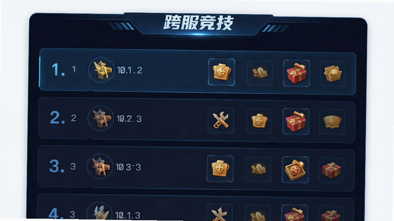 主体为竞技场排行榜界面,布局为列表形式,排版简洁大气,风格为科技感UI,细节显示排名数字与奖励图标,画质清晰,干净,无多余元素,文字
