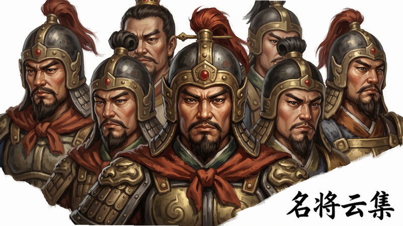 主体为多位古代武将半身像拼贴,布局呈扇形展开,排版紧凑,风格为角色立绘展示,细节刻画面部表情与盔甲纹理,画质细腻,干净,无多余元素,文字