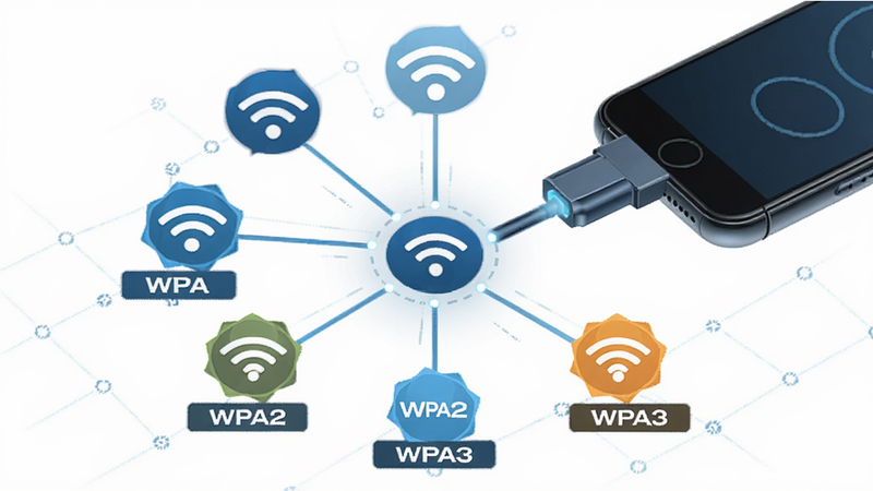 展示多种Wi-Fi协议图标(如WPA, WPA2, WPA3)汇聚到一个手机接口的示意图,主体为连接节点,布局呈放射状,排版平衡,风格为极简科技风,细节包含协议名称标签,画质清晰,无杂乱背景