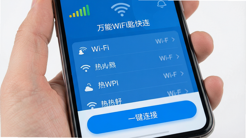 一张高清的手机应用界面截图,主体为“万能WiFi匙快连”APP的主界面,布局清晰,顶部显示信号强度图标,中间列表展示周围可用的Wi-Fi热点名称,底部有醒目的“一键连接”按钮,风格为现代扁平化设计,蓝色科技色调,细节精致,画质清晰,干净无多余元素