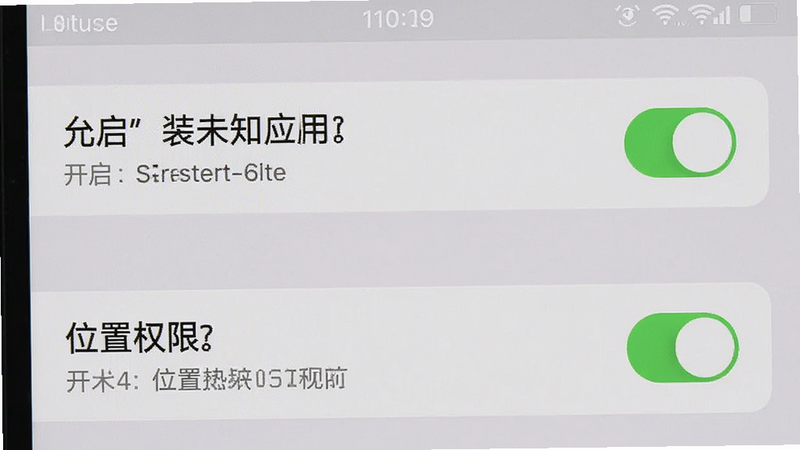 手机设置界面截图,展示开启“允许安装未知应用”和“位置权限”的步骤,主体为设置列表,布局垂直排列,风格为iOS/Android通用扁平化,细节包含开关按钮状态,画质清晰,文字清晰可读
