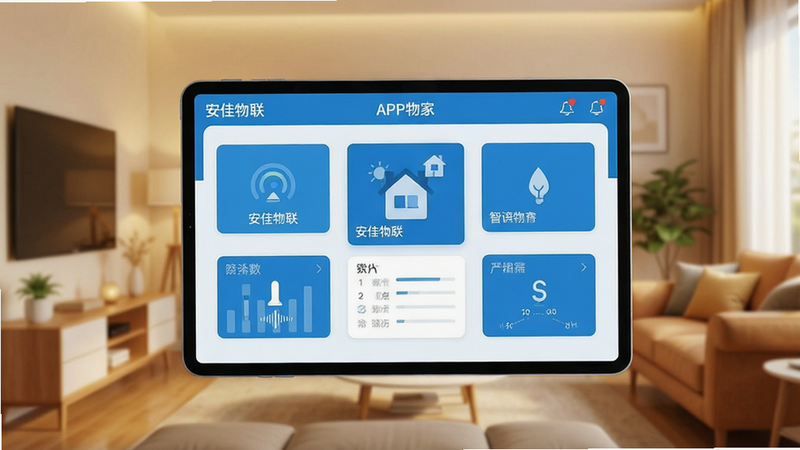 一张现代智能家居控制界面的高清特写,屏幕中央显示“安佳物联”APP主界面,背景为温馨的客厅环境,画面整洁明亮,UI设计扁平化,蓝色科技色调,高清渲染,无多余杂物