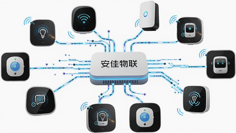 多个不同品牌的智能家居设备图标环绕着一个中心控制枢纽,中心枢纽上写着“安佳物联”,线条连接流畅,科技感强,白色背景,矢量风格,清晰锐利