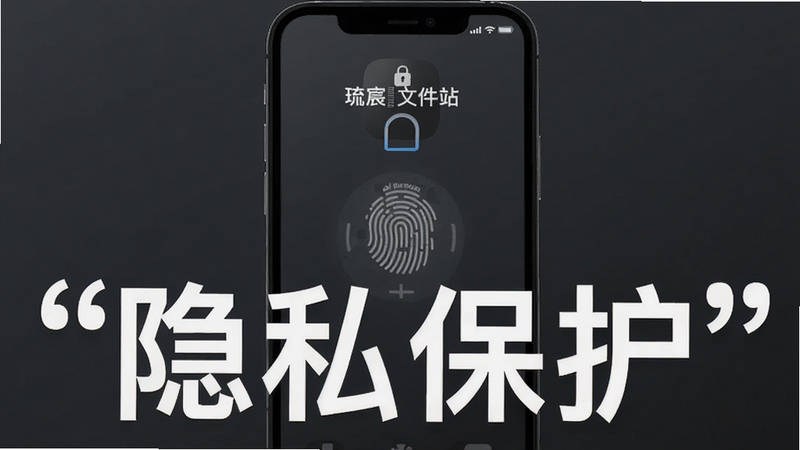 生成一张展示“琉宸文件站”隐私模式开启状态的图片,主体为手机屏幕显示锁屏图标,布局居中,排版简洁有力,风格为深灰色安全色调,细节展示指纹识别动画效果,画质清晰,干净,无多余元素,文字加引号“隐私保护”