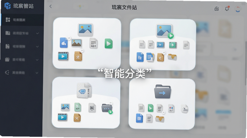生成一张展示“琉宸文件站”智能分类界面的图片,主体为四个主要分类图标(图片、视频、文档、其他),布局呈2x2网格排列,排版对称美观,风格为清新简约,细节展示每个分类下的文件缩略图,画质精致,干净,无多余元素,文字加引号“智能分类”