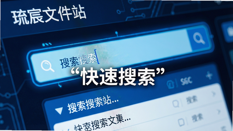 生成一张展示“琉宸文件站”搜索功能的特写图片,主体为搜索框高亮状态,布局聚焦于输入区域,排版紧凑,风格为科技感蓝色调,细节展示快速出现的搜索结果列表,画质清晰,干净,无多余元素,文字加引号“快速搜索”
