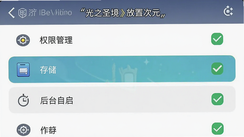 主体为《光之圣境放置次元》的手机设置界面截图风格图,布局显示权限管理列表,高亮显示“存储”与“后台自启”选项,排版简洁清晰,风格为UI设计稿,细节展示勾选状态与图标,画质清晰,干净,无多余元素