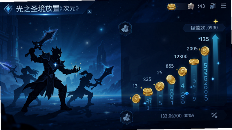 主体展示《光之圣境放置次元》的离线收益界面,布局左侧是角色战斗剪影,右侧是金币与经验值不断增长的动态数字流,排版简洁,风格为深蓝色科技感背景,细节显示资源图标闪烁,画质清晰,干净,无多余元素