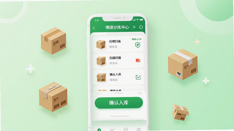 主体为博绿分拣中心手机APP界面,背景为干净的浅绿色渐变色,中央显示一个白色的智能手机模型,屏幕上展示着包裹扫描列表和绿色的“确认入库”大按钮,周围环绕着几个立体的快递盒图标,布局清晰,排版简洁现代,风格为扁平化科技风,细节处有轻微的光影效果,画质高清,干净,无多余元素