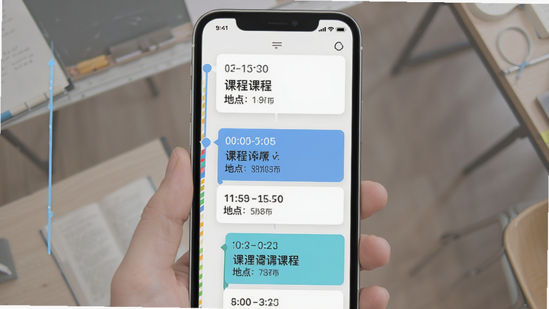 ������˿γ̱�APP��ʱ�������ʾ��ͼ������Ϊ�ֻ���Ļ��չʾ��ֱ���еĿγ̿�Ƭ��ÿ����Ƭ����ʱ�䡢�γ����͵ص㣬����Ϊǳɫ��ǿ��ʱ�������У���������������ƽ����ϸ�ڷḻ���ɾ�������