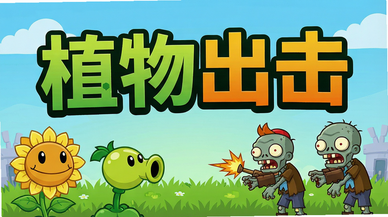 一张高清的游戏宣传海报,主体是“植物出击”四个大字,背景是清新的绿色草地和蓝天,前景有卡通风格的向日葵、豌豆射手等植物角色正在攻击僵尸,画面色彩鲜艳,布局居中,排版简洁,风格为扁平化卡通插画,细节丰富,画质4k,干净,无多余元素