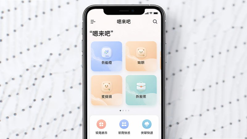 主体为手机屏幕显示“嗯来吧”APP界面,布局简洁现代,顶部导航栏清晰,中部为功能卡片式排列,底部为常用快捷入口,排版整齐有序,风格扁平化设计,色彩柔和舒适,细节处体现光影质感,画质高清,干净无多余元素,文字