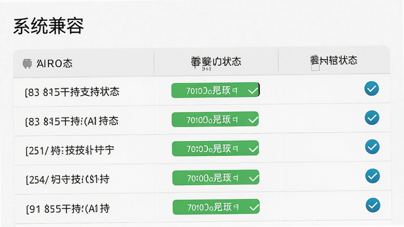 主体为手机系统兼容性列表界面,显示不同安卓版本的支持状态,布局表格化,排版整洁,风格简洁明了,细节处有勾选图标,画质高清,背景干净,文字