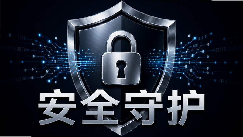 主体为盾牌形状的图标,中心嵌入锁形图案,周围环绕着数据流线条,布局对称稳定,排版严谨,风格商务科技感,细节处有金属光泽反射,画质高清,背景深邃,文字