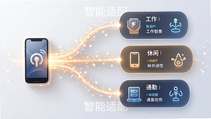 主体为抽象化的智能场景流程图,左侧为手机图标,右侧分为工作、休闲、通勤三个场景板块,中间通过流动的光效线条连接,布局呈放射状,排版逻辑清晰,风格科技感与温馨感结合,细节处有微光粒子效果,画质精细,干净背景,文字