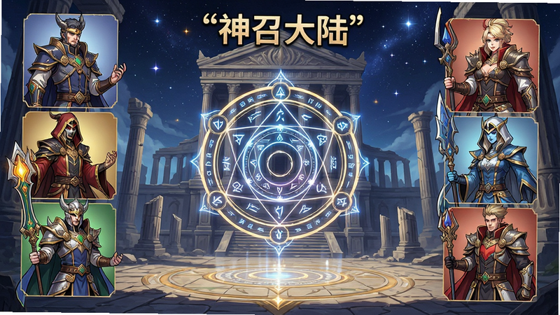 神召大陆游戏主界面全景图,主体为中央悬浮的神秘召唤阵,四周环绕着五位不同阵营的英雄立绘,背景是宏伟的神殿废墟与星空,布局对称严谨,排版清晰,风格为高精度二次元赛璐璐风格,细节丰富展现衣物纹理与光影,画质8k,干净,无多余元素,文字