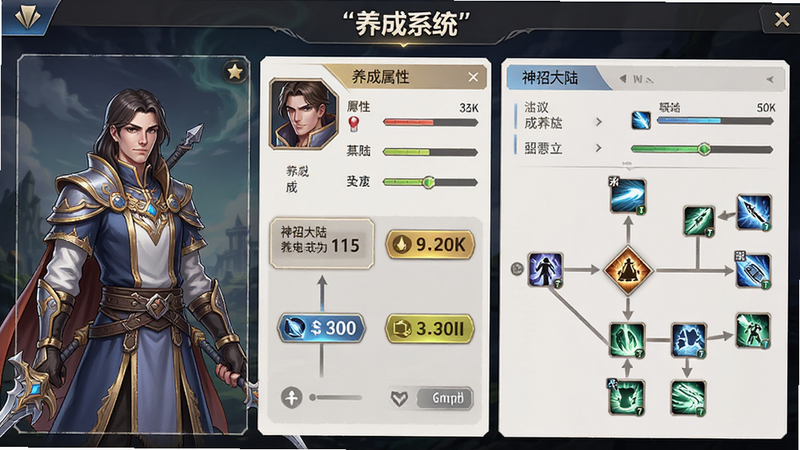 神召大陆角色养成界面展示,主体为角色属性面板与技能树,左侧为角色立绘,右侧为详细的数值图表,布局左右分割,排版整齐,风格为UI设计图,细节展示按钮高亮与进度条,画质高清,干净,无多余元素,文字