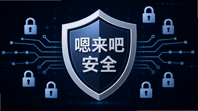 一个盾牌形状的图标位于中央,周围环绕着锁形符号和数据流线条,背景为深蓝色科技感网格,盾牌上写着