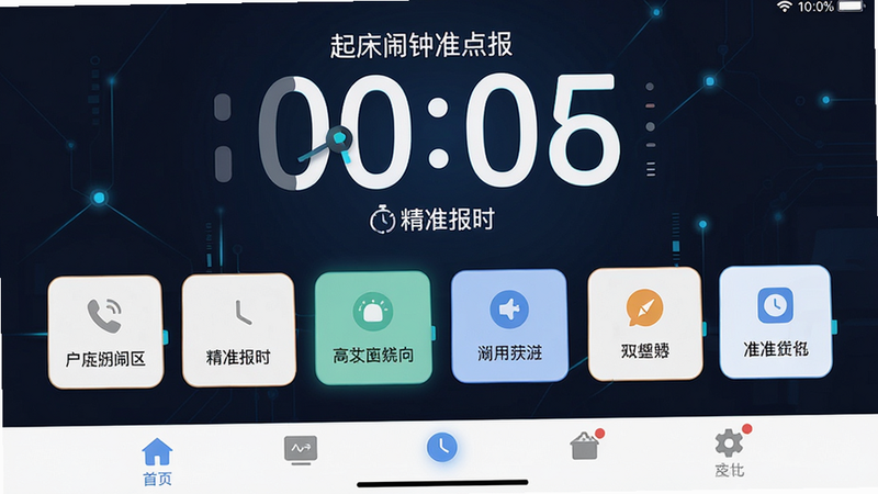 主体为「起床闹钟准点报」应用主界面截图,布局清晰,顶部显示大号数字时钟,中部为功能按钮区,底部为导航栏;排版简洁现代,风格扁平化,细节处体现科技感,画质高清,干净无多余元素,文字包含