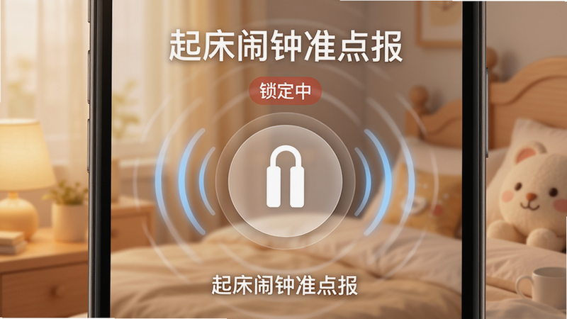 主体为手机屏幕,显示「起床闹钟准点报」的防赖床界面,背景柔和,中间有一个大大的暂停按钮被锁定,周围有震动波纹特效;布局居中对称,风格温馨且带有紧迫感,细节丰富,画质细腻,干净,文字包含