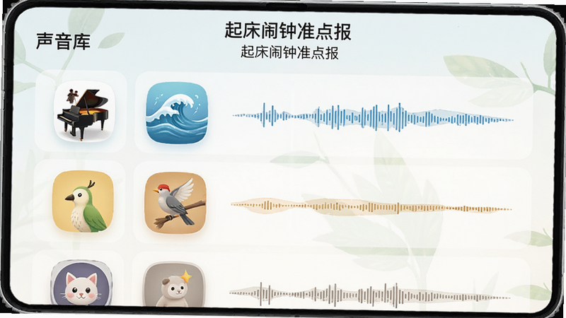 主体为「起床闹钟准点报」的声音选择界面,列表展示不同风格的音乐图标,如钢琴、海浪、鸟鸣等;布局为垂直列表,风格清新自然,细节处有音频波形动画,画质清晰,干净无杂乱背景,文字包含