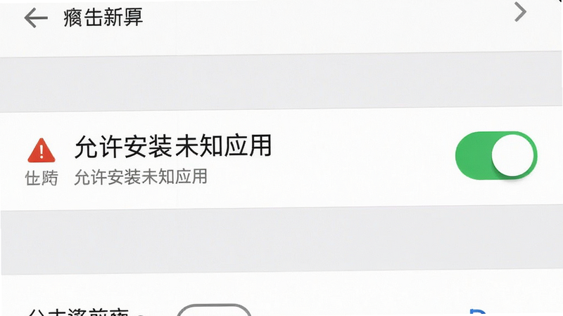 手机设置界面截图,显示“允许安装未知应用”的开关已开启,旁边有一个警告图标,背景为系统设置菜单,布局标准,排版规范,风格系统原生,细节展现开关状态,画质清晰,干净,无多余元素