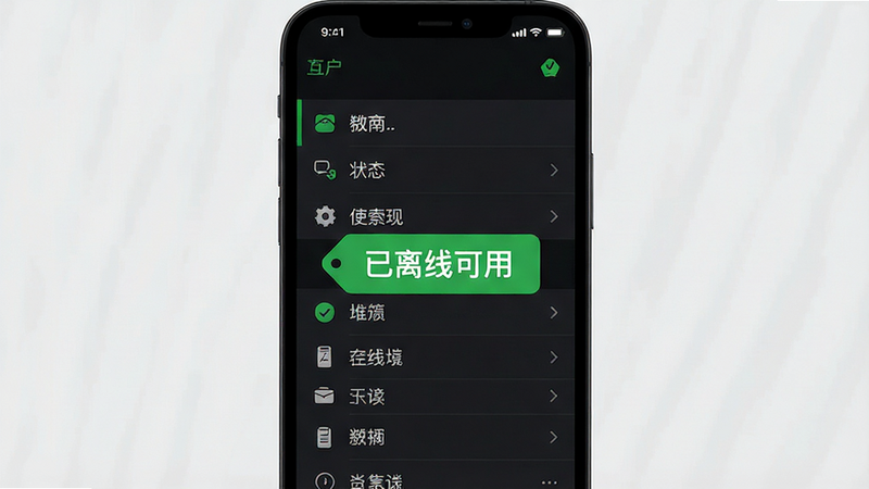 手机离线模式界面,显示“已离线可用”的绿色提示标签,背景为深色模式,主体为APP主菜单,布局稳重,排版清晰,风格商务简约,细节展现状态图标,画质精良,干净,无多余元素