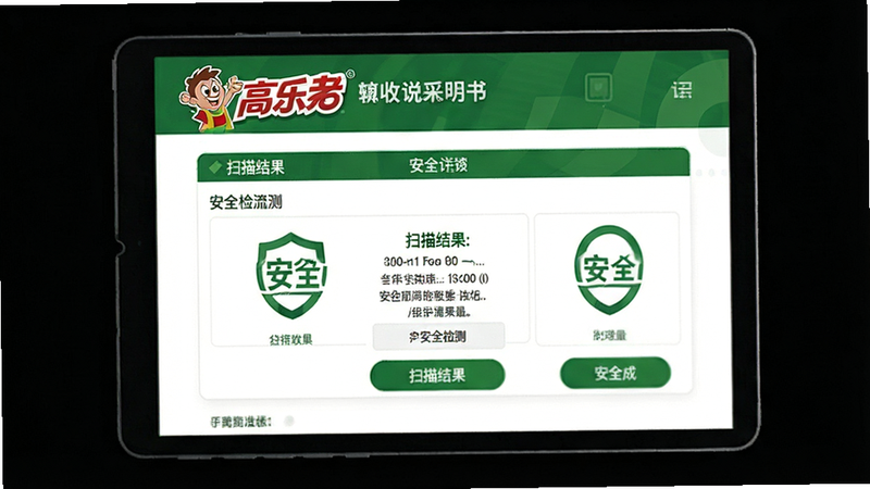 主体为“高乐高说明书”的安全检测界面,布局显示扫描结果,排版简洁,风格绿色安全主题,细节显示安全标志,画质清晰,干净背景,无多余元素