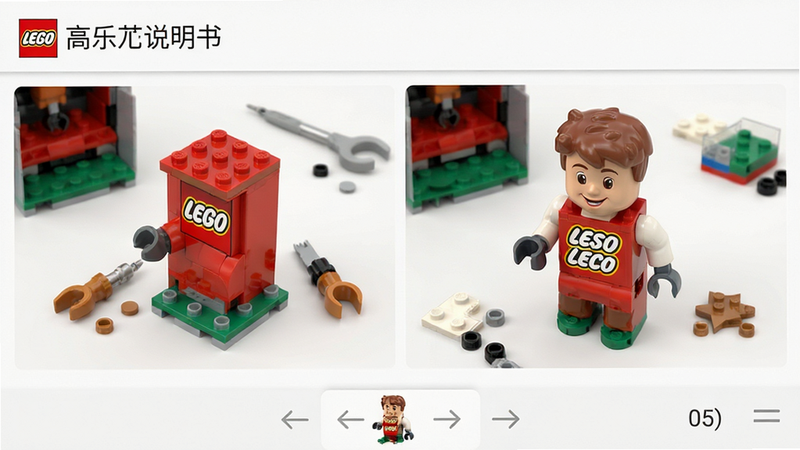 主体为“高乐高说明书”安卓应用界面预览图,布局清晰,顶部显示软件名称,中间展示乐高拼装步骤的高清图片,底部有页码导航栏,风格简洁现代,细节丰富,画质高清,干净无多余元素
