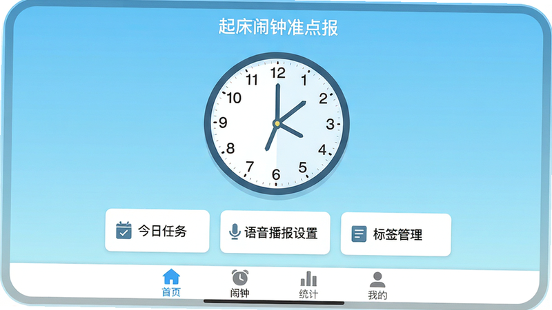 一张扁平化设计风格的应用界面截图,主体为“起床闹钟准点报”APP的主界面,背景为清爽的浅蓝色渐变。屏幕中央显示一个大尺寸的圆形时钟拨盘,指针指向6:30。下方有三个功能卡片,分别标注“今日任务”、“语音播报设置”和“标签管理”。界面底部有清晰的导航栏,包含“首页”、“闹钟”、“统计”、“我的”四个图标。整体排版整洁,无多余装饰元素,高清矢量图风格,文字清晰可见,画质干净。