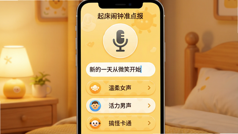 “起床闹钟准点报”APP的语音设置界面。屏幕中央显示一个麦克风图标,下方是文本输入框,框内文字为“新的一天从微笑开始”。下方列出三个预设语音包选项:“温柔女声”、“活力男声”、“搞怪卡通”。界面色调为暖黄色,营造温馨氛围。布局清晰,按钮圆润可爱,高清数码风格。