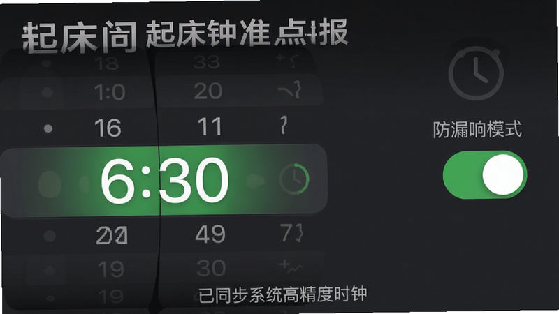 展示“起床闹钟准点报”APP中“精准设置”功能的界面图。左侧为时间选择滚轮,高亮显示“6:30”,右侧为“防漏响模式”开关,处于开启状态。背景为深灰色,突出白色文字和绿色开关。下方有一行小字提示“已同步系统高精度时钟”。风格简约现代,细节丰富,无杂乱背景,高清渲染。