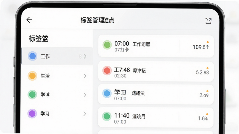 “起床闹钟准点报”APP的“标签管理”界面。左侧为标签列表,包含“工作”、“生活”、“学习”等彩色圆点标签。右侧为对应标签下的闹钟列表,显示“07:00 工作打卡”等条目。界面采用卡片式设计,白色背景,灰色文字,色彩搭配和谐。整体风格简洁大方,无广告位,高清UI设计图。