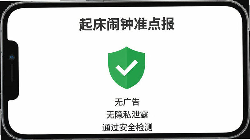 “起床闹钟准点报”APP的“安全认证”界面展示图。中央有一个绿色的盾牌图标,盾牌内有一个白色的对勾。下方文字显示“无广告”、“无隐私泄露”、“通过安全检测”。背景为纯白色,字体为深灰色,风格严肃且专业,传递信任感。高清矢量图,无多余装饰。