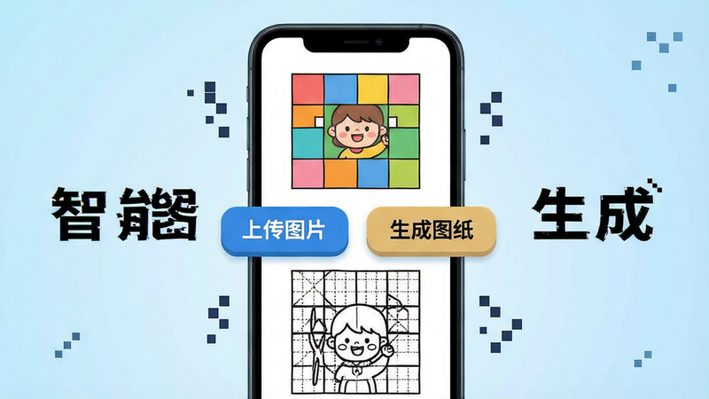 一张展示软件功能界面的示意图,主体是手机屏幕,显示着“上传图片”和“生成图纸”两个大按钮。屏幕上方有一张正在被分割成彩色方格的卡通图片,下方是生成的黑白网格线稿。背景为浅蓝色渐变,风格科技感与趣味性结合,布局居中,排版大方,细节处有像素点装饰,画质清晰,干净,无多余元素,文字“智能生成”加粗显示