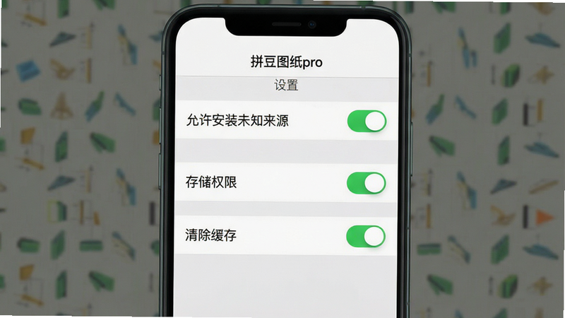 一张手机屏幕截图,显示着“拼豆图纸pro”的设置页面。界面上有“允许安装未知来源”、“存储权限”、“清除缓存”等选项开关。背景为浅灰色,布局垂直排列,排版简洁,风格严谨,细节处有开关按钮的绿色高亮,画质清晰,干净,无多余元素,文字“设置”居中显示
