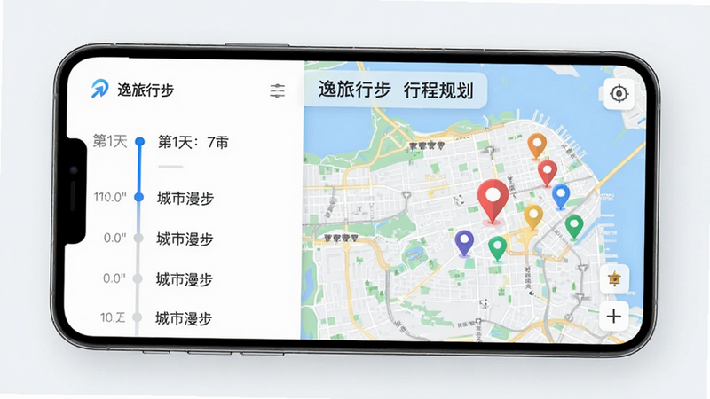 手机界面展示“逸旅行步”的行程规划页面,左侧是时间轴列表,右侧是地图预览,地图上标注了多个彩色图钉代表景点,界面设计扁平化,文字清晰可见“第1天:城市漫步”,风格科技感与人文结合,画质细腻,布局规整,无杂乱背景