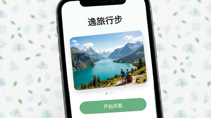 一张高清手机屏幕展示图,主体是“逸旅行步”APP的启动界面,布局简洁清爽,顶部显示应用名称“逸旅行步”,中间是精美的旅行风景背景图,底部有“开始探索”按钮,整体风格现代简约,色彩清新自然,画质高清,无多余元素,干净,无水印