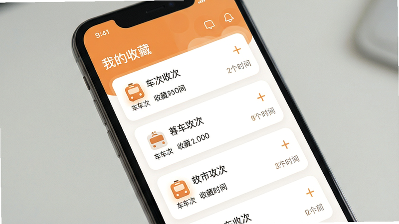 主体为手机界面,展示收藏列表页面,布局为卡片式设计,每张卡片显示车次和收藏时间,风格为温馨橙色点缀,细节清晰,画质高,干净,无多余元素,文字显示为“我的收藏”