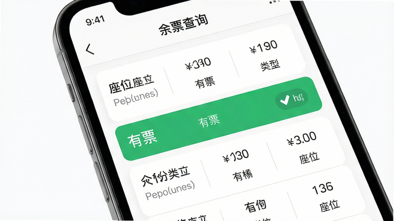 主体为手机界面,展示余票查询结果页面,布局为列表形式,高亮显示“有票”状态,风格为简洁白色背景,细节包含票价数字和座位类型,画质高清,干净,无多余元素,文字显示为“余票查询”