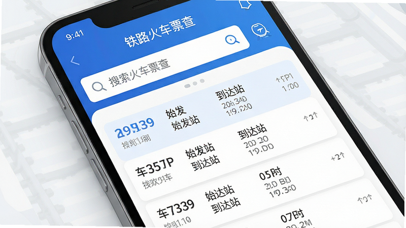 主体为手机屏幕界面,显示铁路火车票查APP首页,布局清晰,顶部有搜索栏,中间展示高铁列车时刻表列表,包含车次号、始发站、到达站、时间等关键信息,风格为现代扁平化UI设计,配色以蓝白为主,细节丰富,画质高清,干净,无多余元素,文字显示为“铁路火车票查”