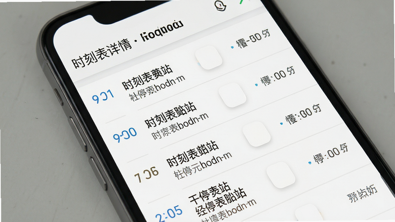 主体为手机界面,展示时刻表查询结果,布局为详细列表,包含经停站信息,风格为清晰简洁,细节丰富,画质高,干净,无多余元素,文字显示为“时刻表详情”