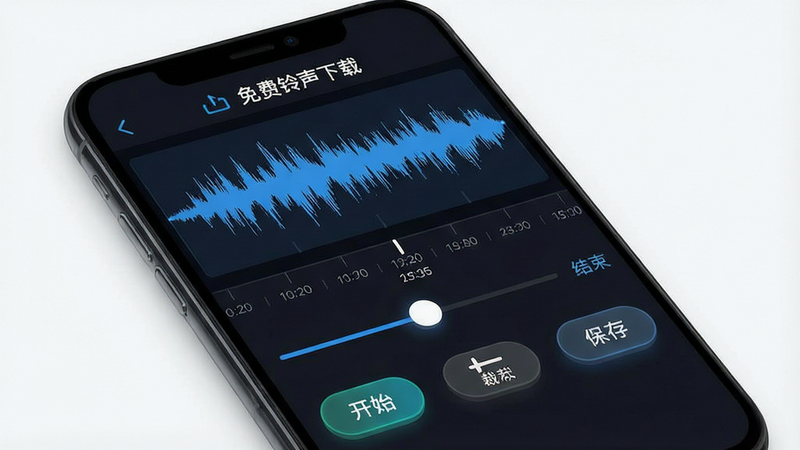 一张展示音频编辑功能的界面图,主体为手机屏幕,显示'免费铃声下载'的剪辑界面。布局上方为音频波形图,下方为滑块控件和裁剪按钮。风格科技感,深色背景衬托蓝色波形。细节显示时间轴刻度和操作按钮,文字包含'开始'、'结束'、'保存'。画质精细,干净,无多余元素。